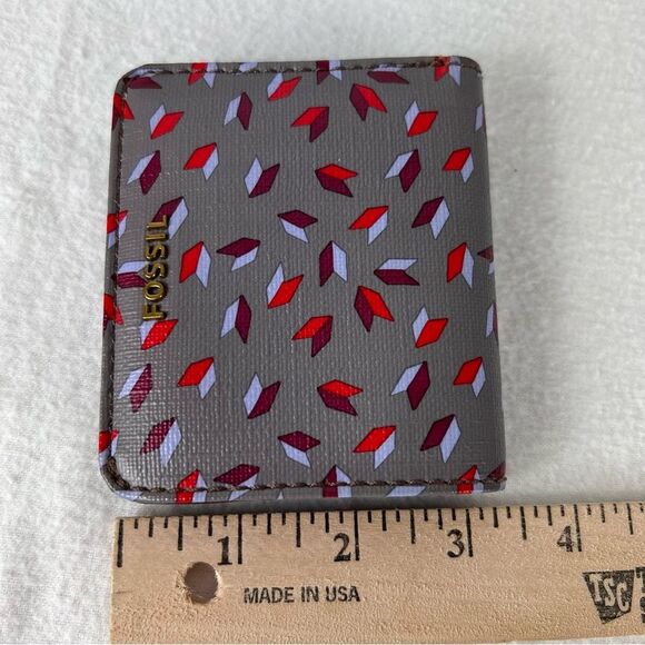 Fossil Mini Wallet Bifold Gray Red Geometric Contemporary - Picture 6 of 8